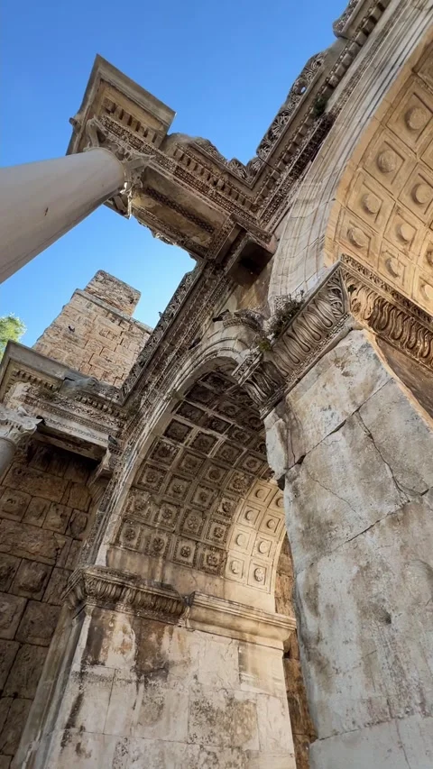 Elements of Hadrian's Gate in Antalya with ancient Roman arch Stock Footage 322066240