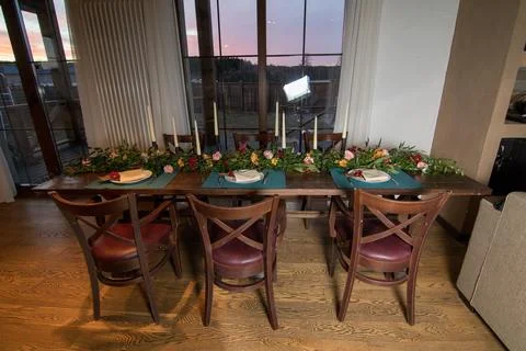 Elements home decorations. Festive table decorations, flowers and tableware Stock Photos