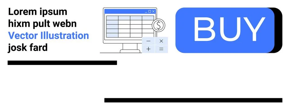 Elements include a blue BUY button, a sales chart, financial calculator, and  Illustrazione stock