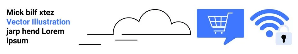 Elements include cloud, shopping cart, wireless signal with lock, and text pl Stockillustratie