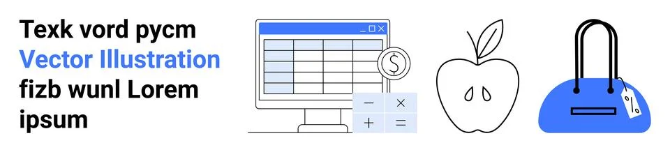 Elements include a desktop with spreadsheet and calculator, apple, and stylis Stock Illustration
