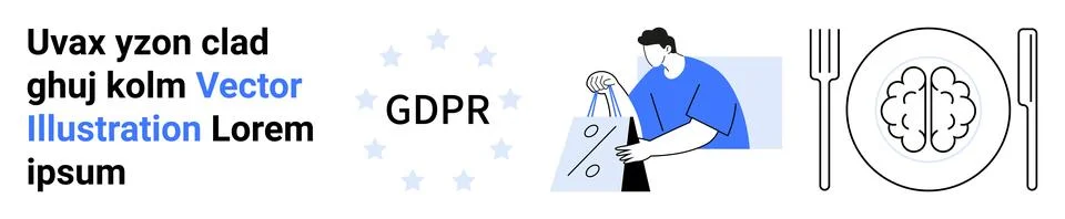 Elements include GDPR text with stars circle, a man holding an envelope, brai イラスト素材