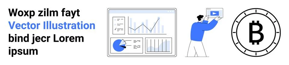 Elements include a person presenting data, chart dashboards, and Bitcoin symb Stock Illustration