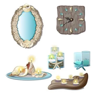 Elements of the interior of seashells and tea candles isolated on a white Stock Illustration