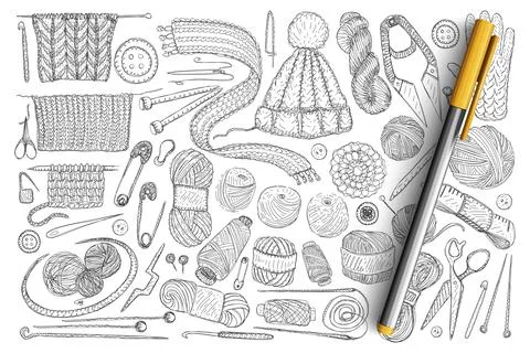 Elements for knitting doodle set. Collection of hand drawn wool, knitwear, Stock Illustration