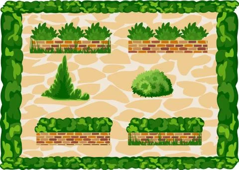 Elements of landscape decor at the background paving slabs Stock Illustration