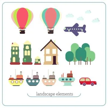 Elements for landscape. Ship, balloon, plane, buildings, trees, car イラスト素材