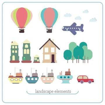 Elements for landscape. Ship, balloon, plane, buildings, trees Stock Illustration