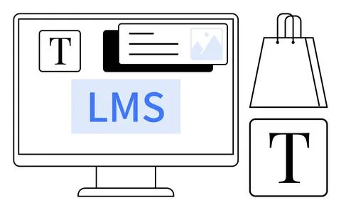 Elements of a Learning Management System with Text, Image, and Shopping Bag.. Illustrazione stock