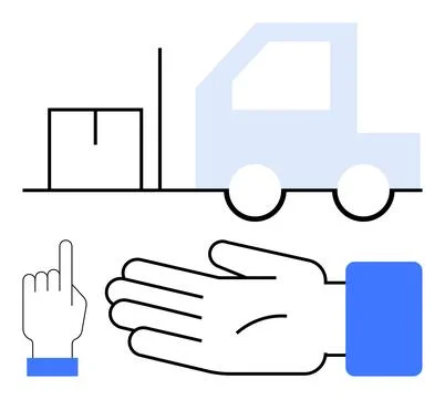 Elements of Logistics Forklift, Package, Gesturing Hand, and Pointing Finger for Illustrazione stock