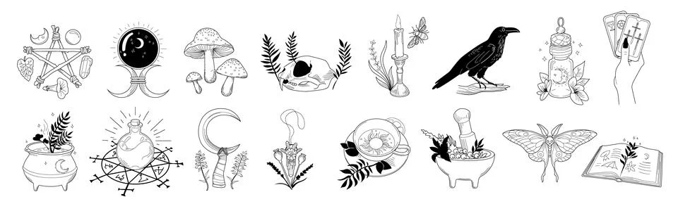 Elements of magic. Boho style, Halloween objects, witch, moon and elegant p.. Illustrazione stock