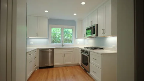 Elements of Modern new Kitchen Interior Design in a newly renovated house, move Video stock 249838496