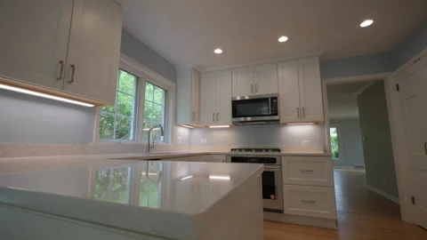 Elements of Modern new Kitchen Interior Design in a newly renovated house, move Video stock 250050417