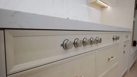 Elements of Modern new Kitchen Interior Design in a newly renovated house, Close Stock Footage 295970363