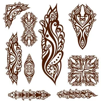 Elements painted with henna set Stock Illustration