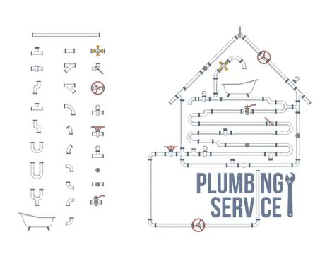 Elements of a plumbing. Pipes, cranes. Linear design. Vector illustration Illustrazione stock