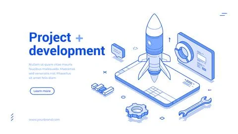 Elements of project development with modern isometric design showcasing roc.. Stock Illustration