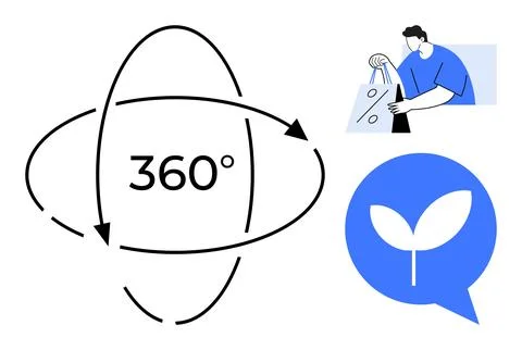 Elements Representing 360 Degrees, Shopping, and Eco-Friendly Practices Illustrazione stock