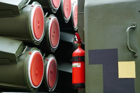 Elements of rockets of volley fire. Background. Close-up Stock Photos