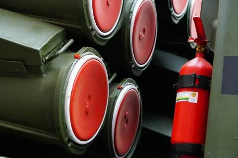 Elements of rockets of volley fire. Background. Close-up Stock Photos