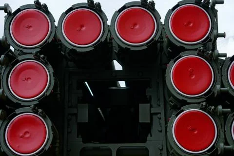 Elements of rockets of volley fire. Background. Close-up Stock Photos