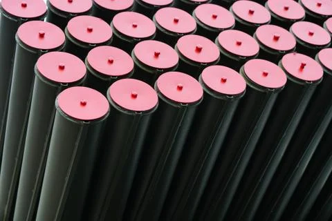Elements of rockets of volley fire. Background. Close-up Stock Photos