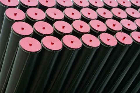 Elements of rockets of volley fire. Background. Close-up Stock Photos