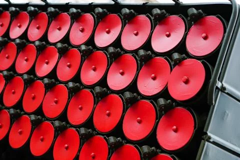 Elements of rockets of volley fire. Background. Close-up Stock Photos