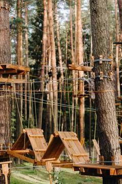 Elements of a rope town in the park. An empty rope town in the forest Fotos Stock