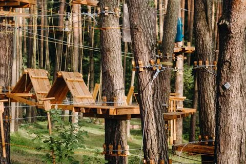 Elements of a rope town in the park. An empty rope town in the forest Fotos Stock