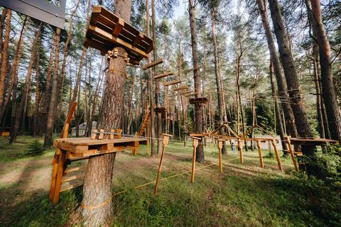Elements of a rope town in the park. An empty rope town in the forest 写真素材