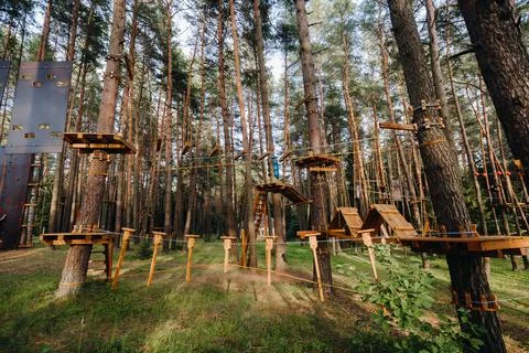 Elements of a rope town in the park. An empty rope town in the forest Fotos Stock