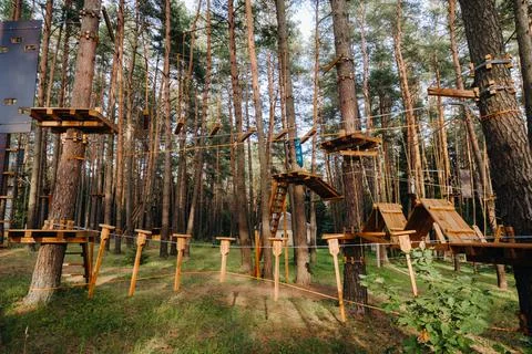 Elements of a rope town in the park. An empty rope town in the forest Fotos Stock