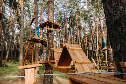 Elements of a rope town in the park. An empty rope town in the forest Fotos Stock