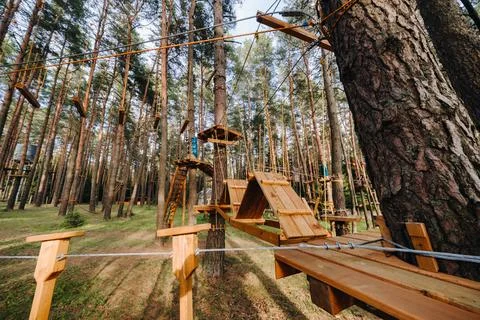Elements of a rope town in the park. An empty rope town in the forest Stock Photos