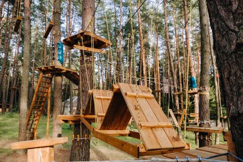 Elements of a rope town in the park. An empty rope town in the forest 写真素材
