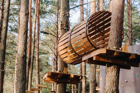 Elements of a rope town in the park. An empty rope town in the forest Fotos Stock