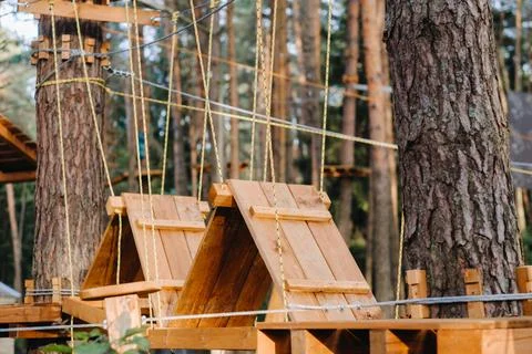 Elements of a rope town in the park. An empty rope town in the forest Fotos Stock