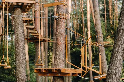 Elements of a rope town in the park. An empty rope town in the forest Fotos Stock