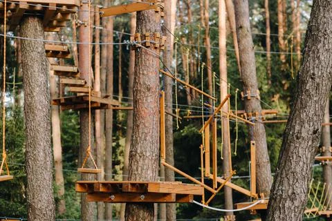 Elements of a rope town in the park. An empty rope town in the forest 写真素材