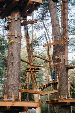 Elements of a rope town in the park. An empty rope town in the forest Fotos Stock