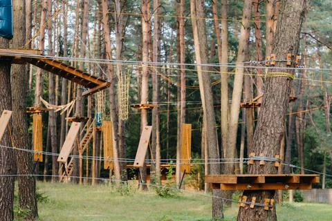 Elements of a rope town in the park. An empty rope town in the forest Fotos Stock