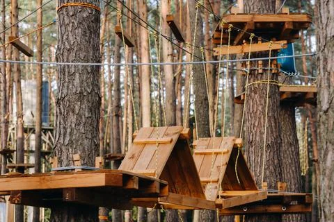 Elements of a rope town in the park. An empty rope town in the forest Fotos Stock