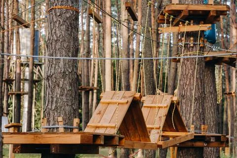Elements of a rope town in the park. An empty rope town in the forest Fotos Stock