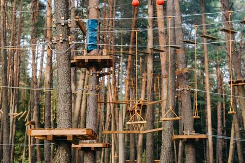 Elements of a rope town in the park. An empty rope town in the forest Fotos Stock