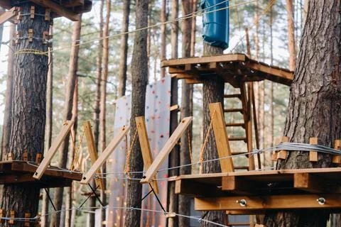 Elements of a rope town in the park. An empty rope town in the forest Fotos Stock