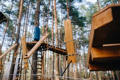 Elements of a rope town in the park. An empty rope town in the forest Fotos Stock