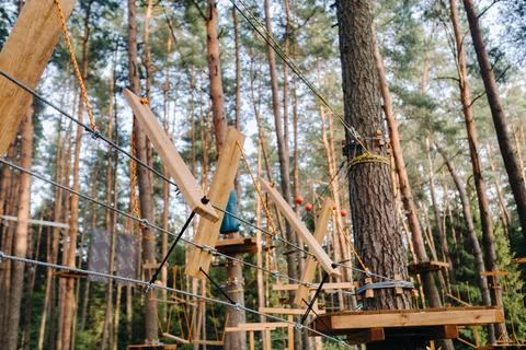 Elements of a rope town in the park. An empty rope town in the forest Fotos Stock