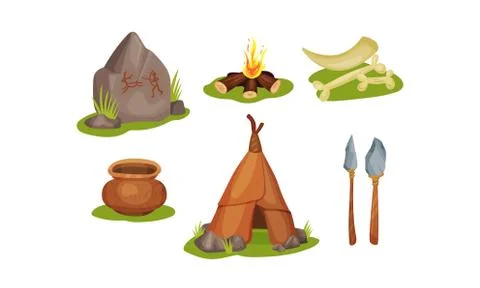 Elements Of The Routine Life Of Stone Age People Vector Illustrations Isolated Illustrazione stock