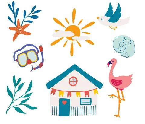 Elements for sea recreation. Beach items for sea recreation. Bungalow, gull,  Illustrazione stock